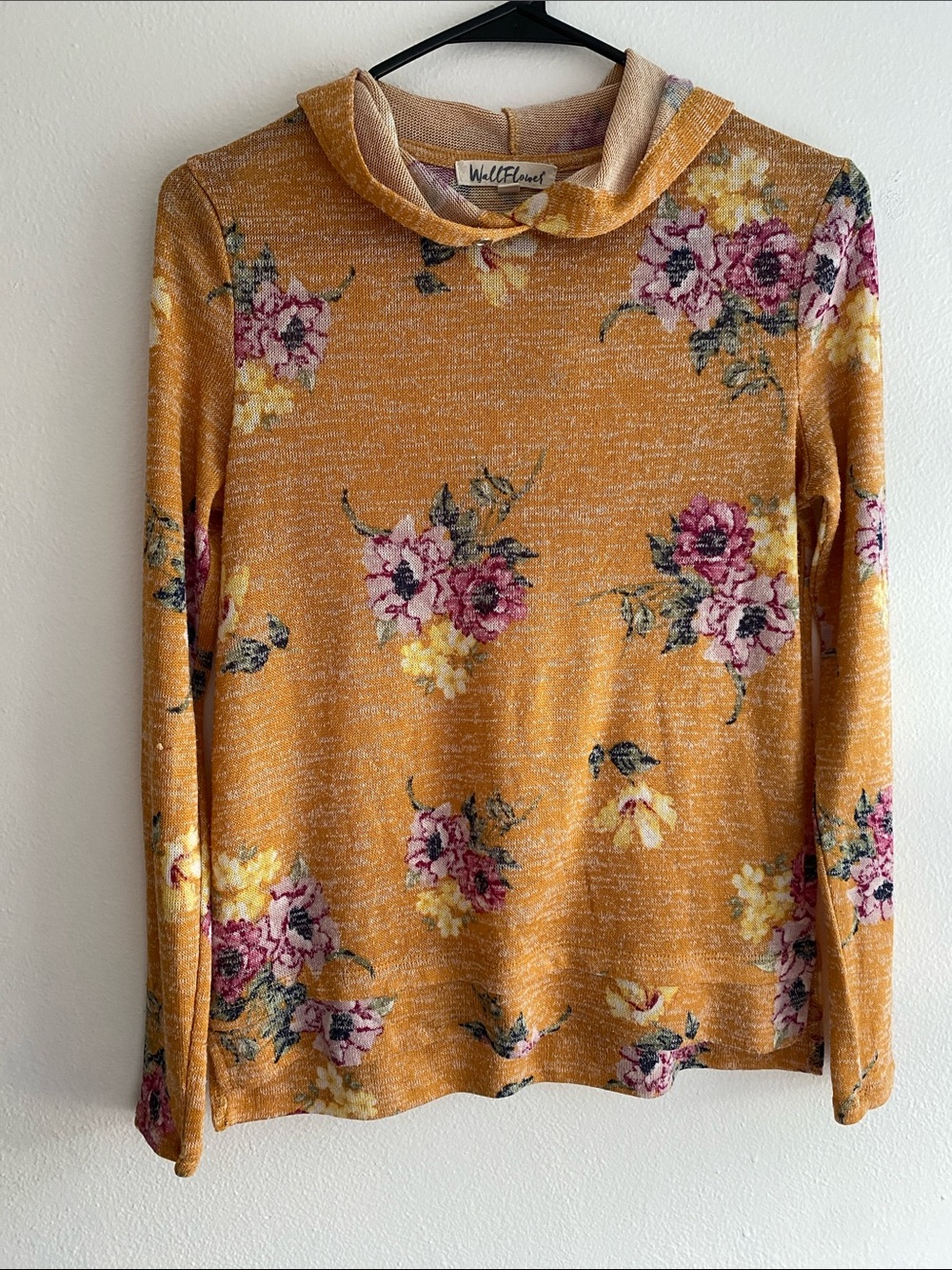 Lightweight Wallflower Mustard Floral Knit Hoodie Top with Pink Blooms